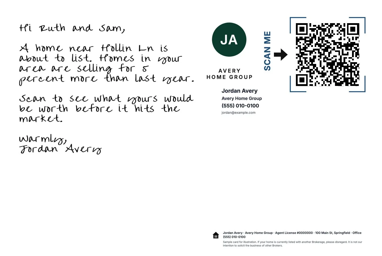 Coming Soon card back: a handwritten note, the agent block and the household's QR code