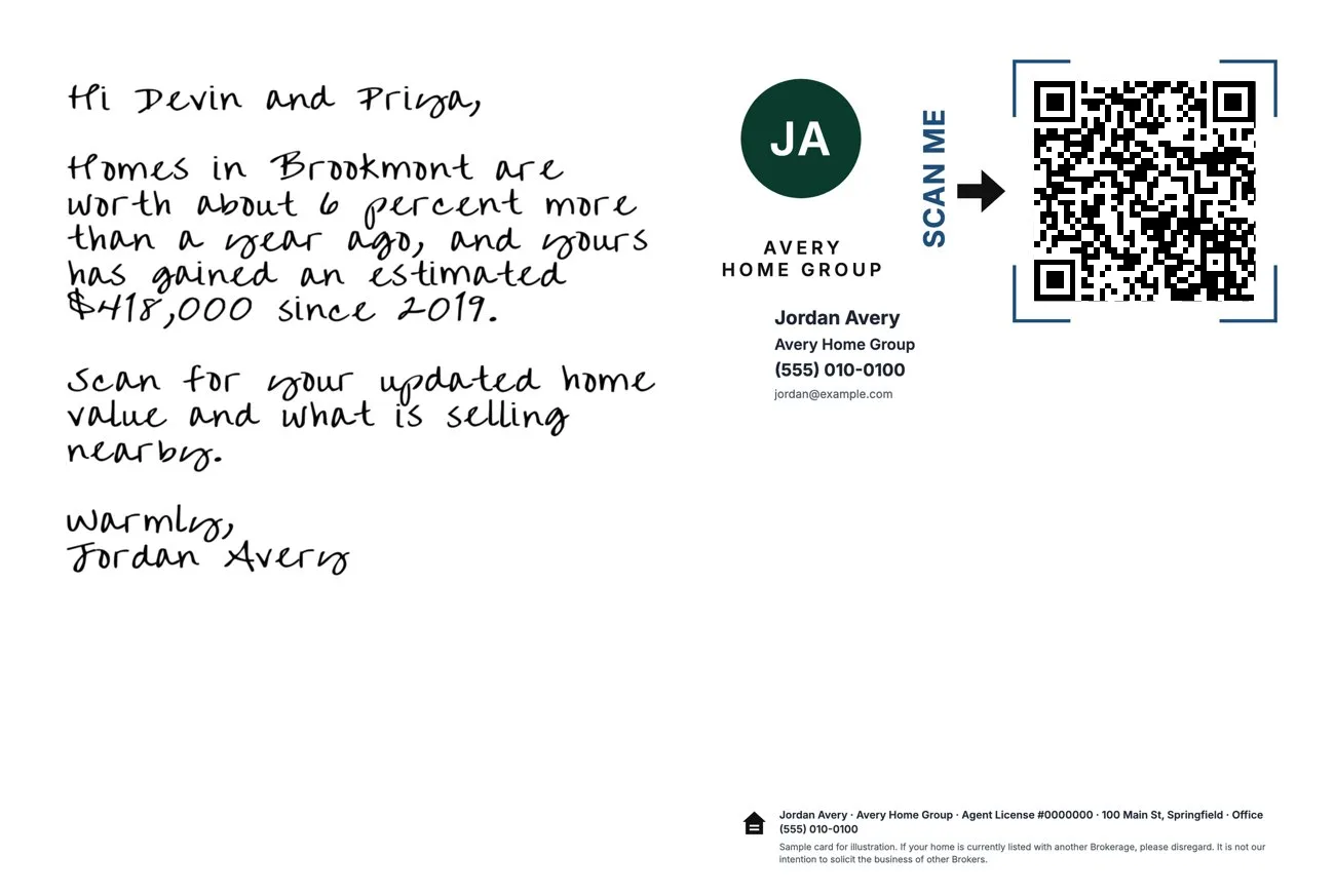 Equity card back: a handwritten note, the agent block and the household's QR code