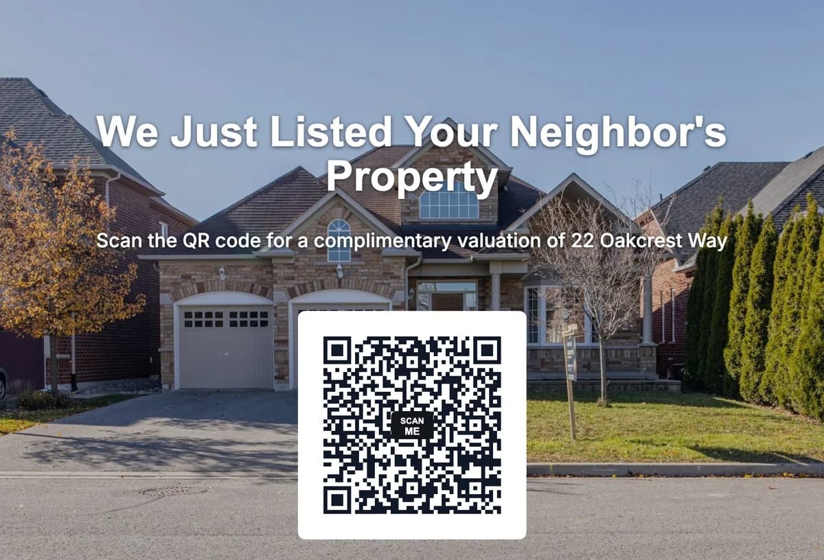 Just Listed postcard, Photo Spotlight design, with a large QR code over the listing photo