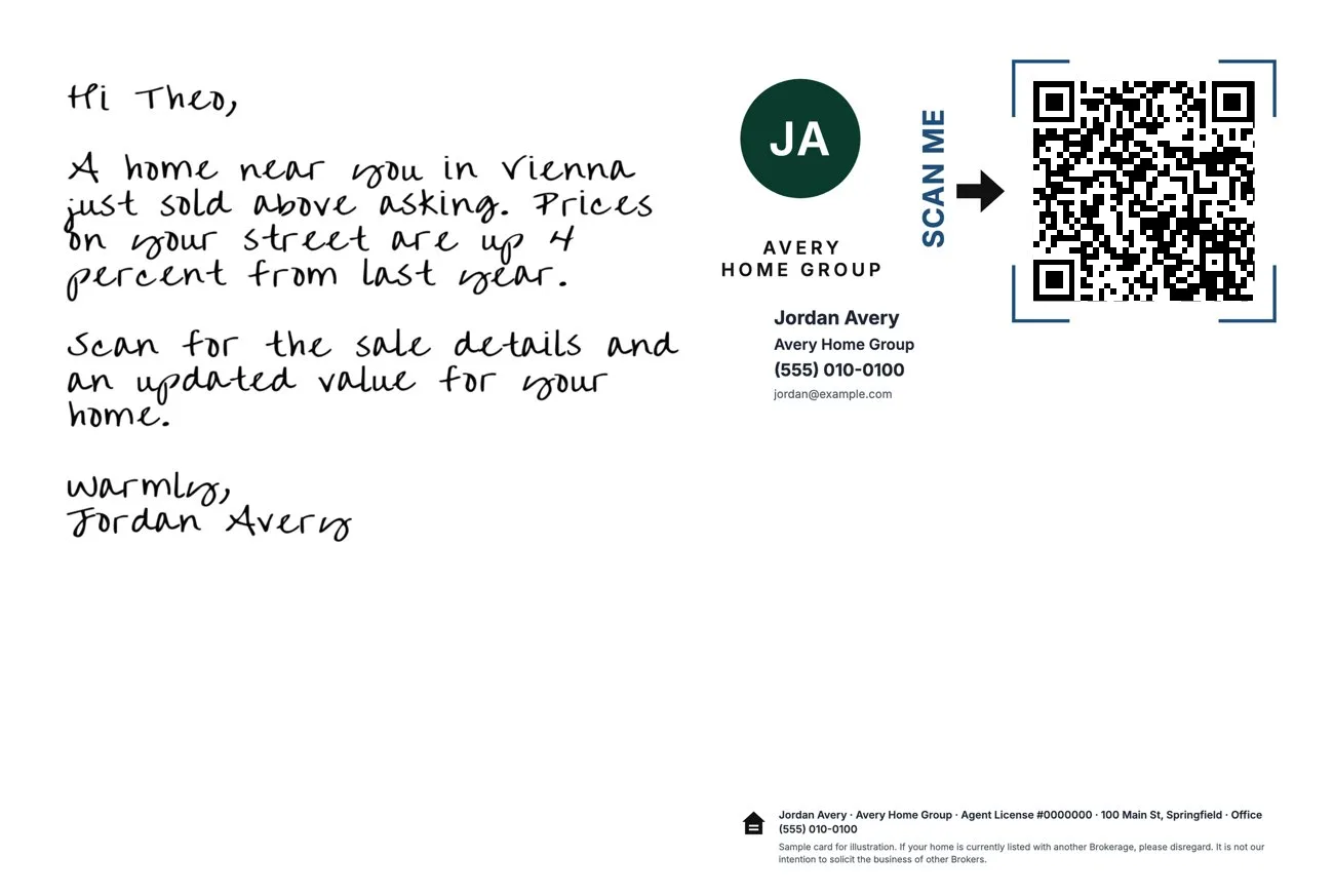 Just Sold Corner Photo card back: a handwritten note, the agent block and the household's QR code