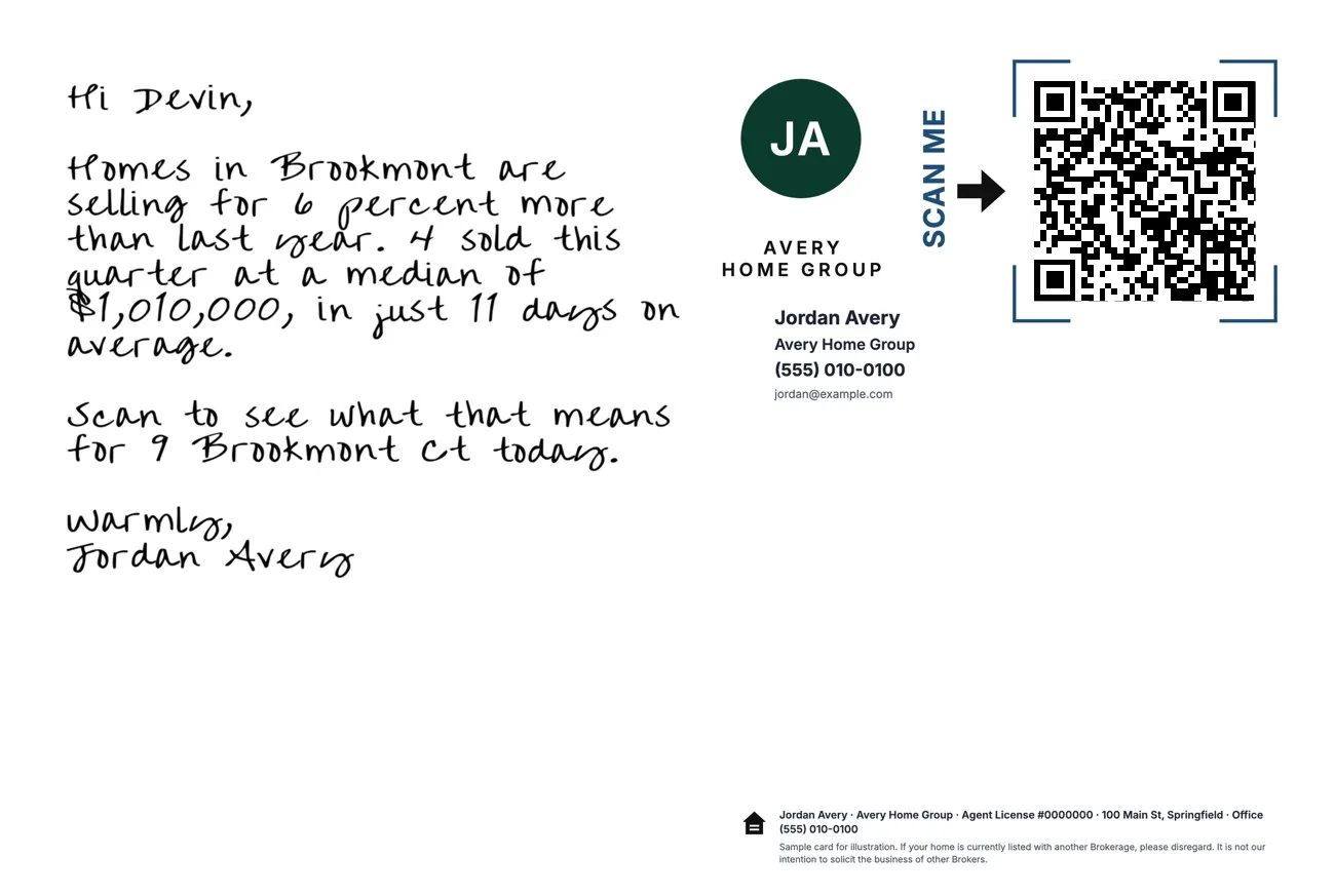 Market update card back: a handwritten note, the agent block and the household's QR code