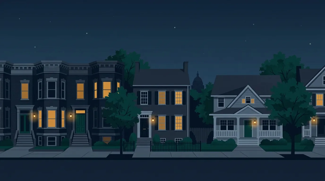 A row of DC-area homes at night