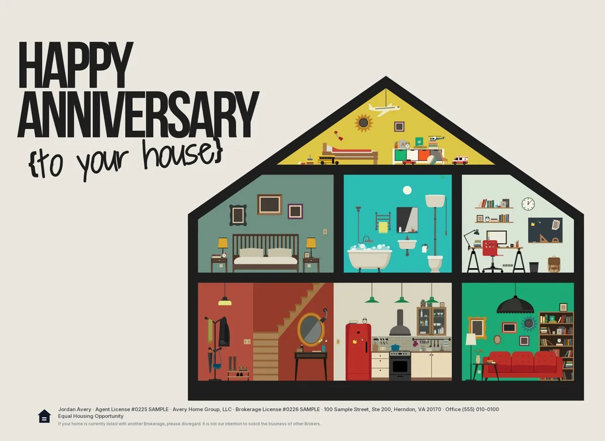Happy anniversary to your house: the outside of the gift-card mailer
