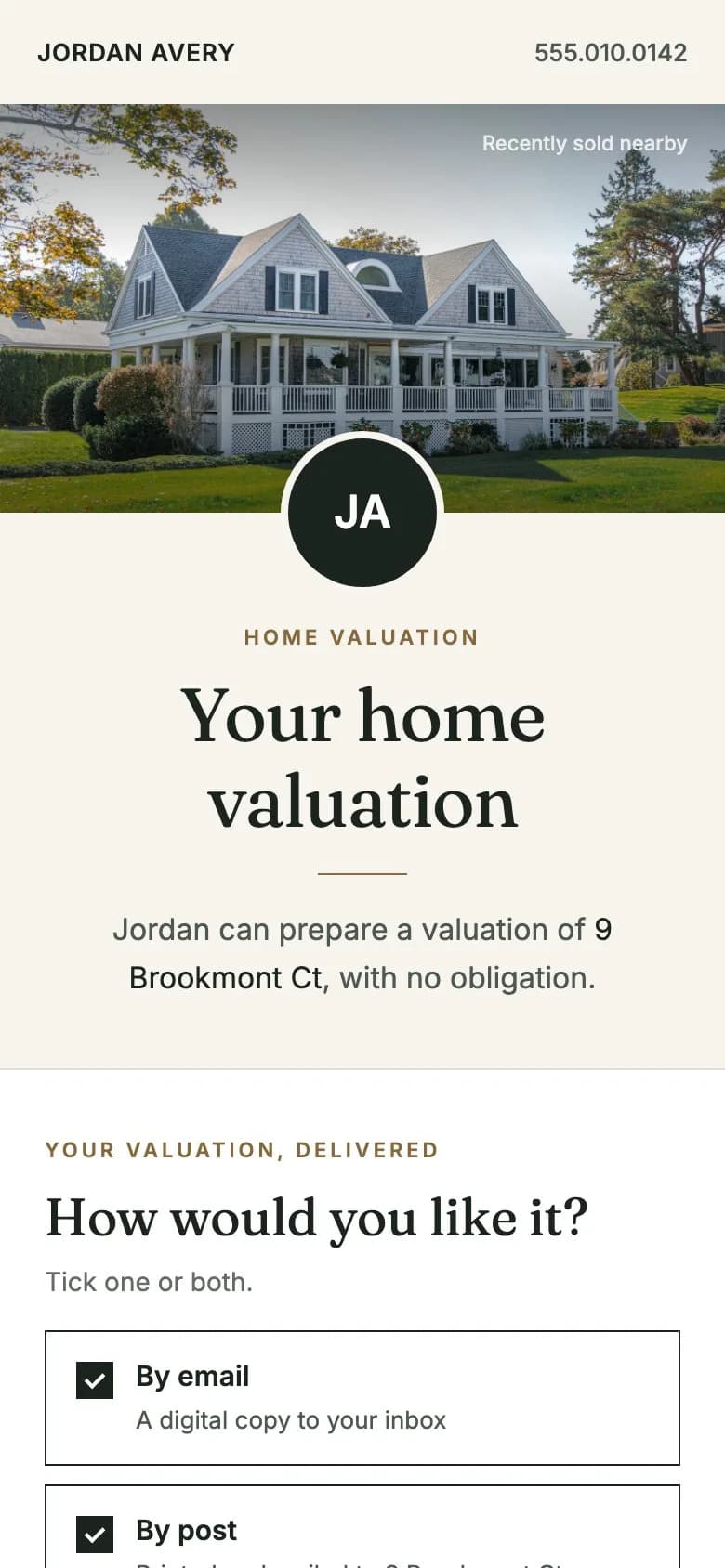 The page a homeowner lands on after scanning: their address already filled in, with the agent's name and number