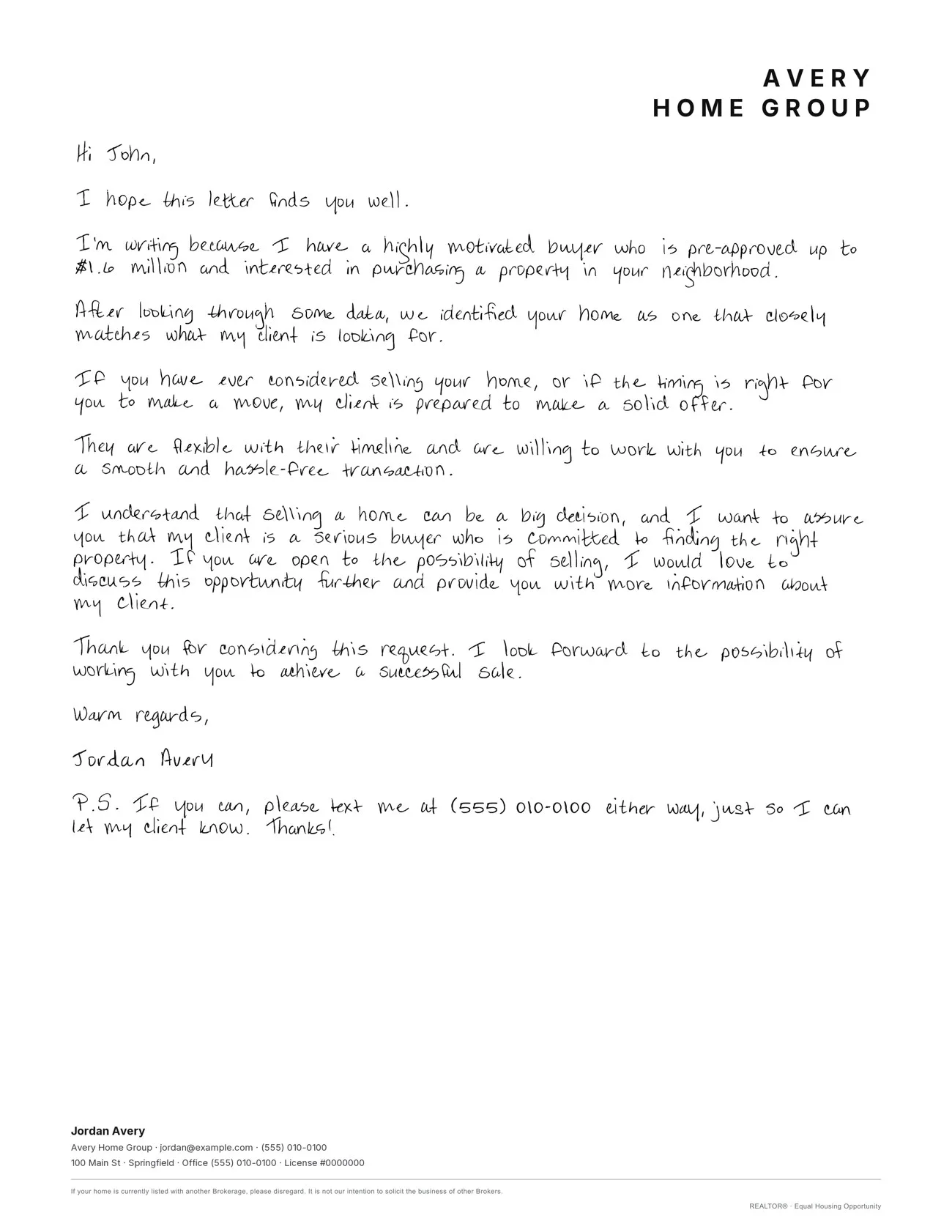 Qualified buyer letter, handwritten on Avery Home Group letterhead, signed Jordan Avery, with the agent footer
