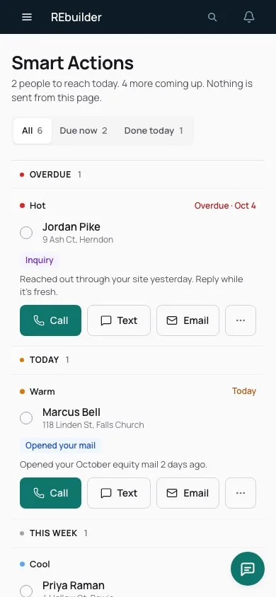 Smart Actions: who to reach today, with the reason and Call, Text and Email buttons